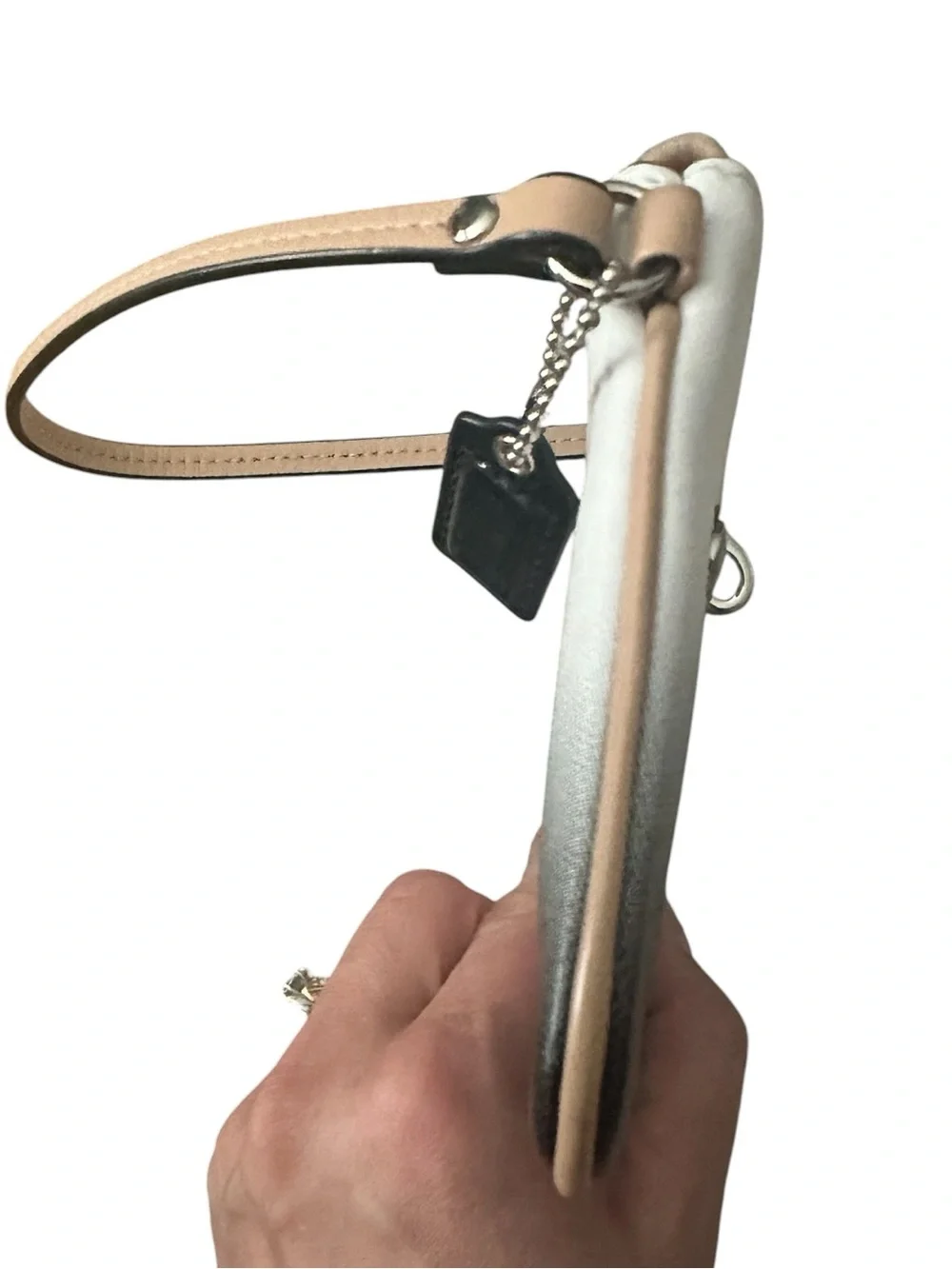 Coach Ombre Black to White Leather Wristlet with Tan Strap